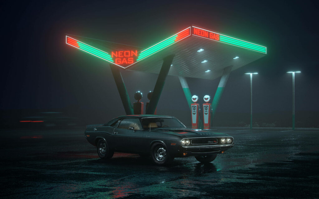 Sleek sports car parked at neon gas station with red green lights reflecting on wet pavement at night Wallpaper