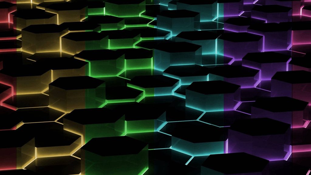 Neon glowing hexagon pillars with rainbow edge lighting futuristic 3D digital art background Wallpaper