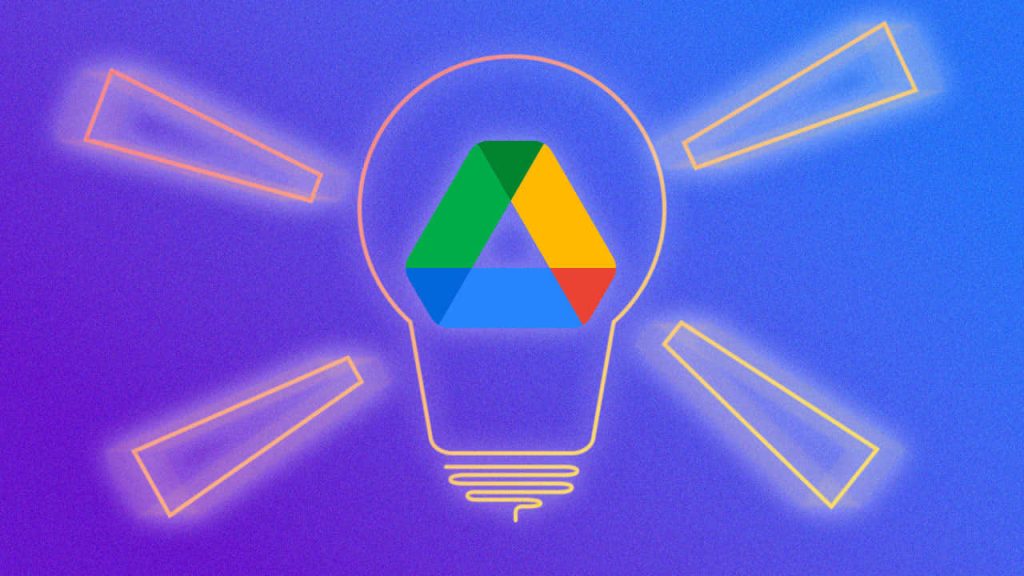 Google Drive logo in glowing neon lightbulb on purple to blue gradient modern wallpaper background