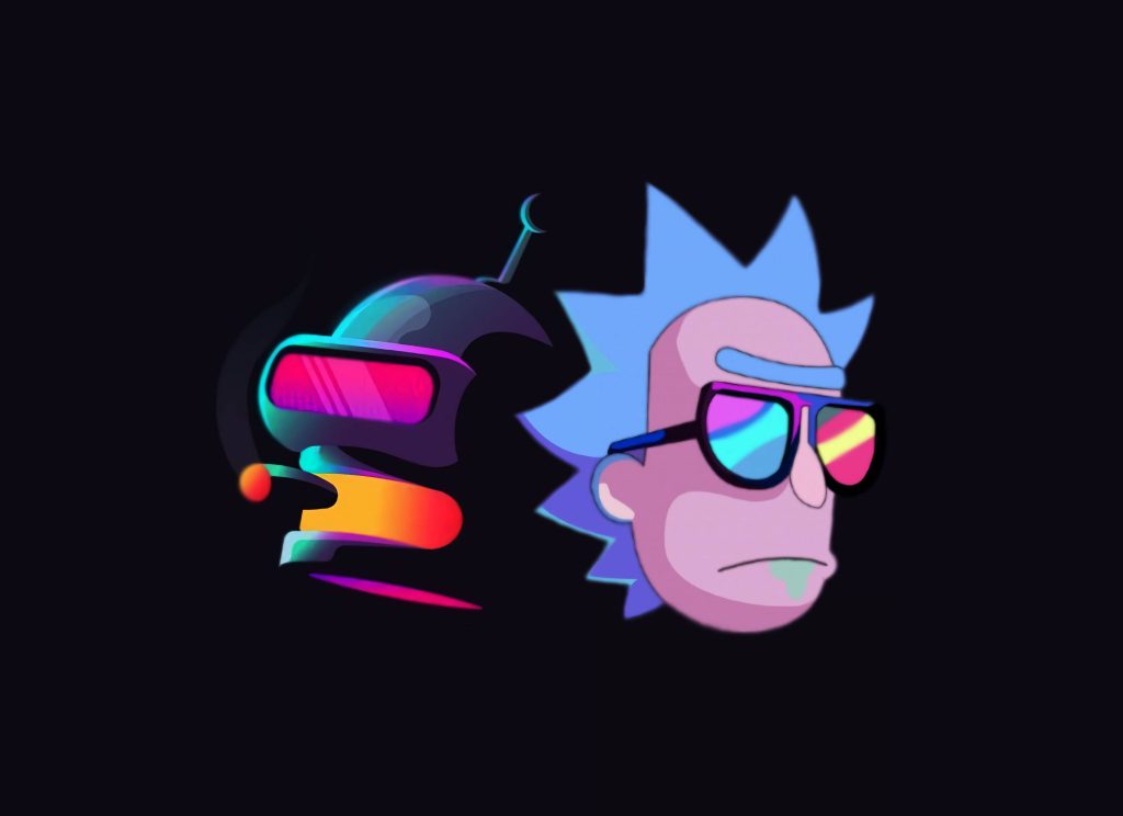 Neon-gradient Futurama Bender and Rick and Morty Rick crossover digital art wallpaper background