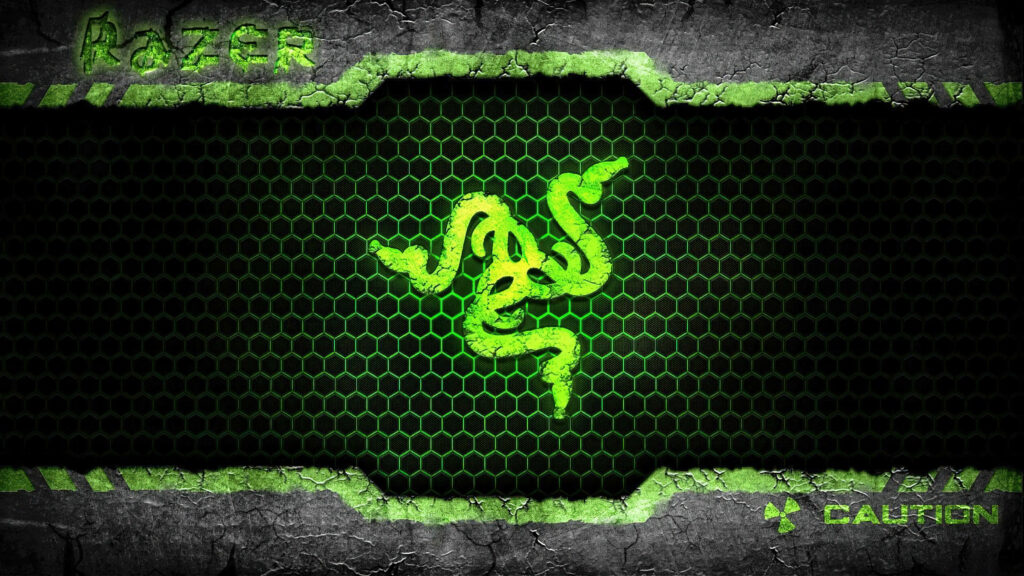 High-contrast 4K Razer wallpaper neon green snake logo on dark hex mesh with caution industrial look