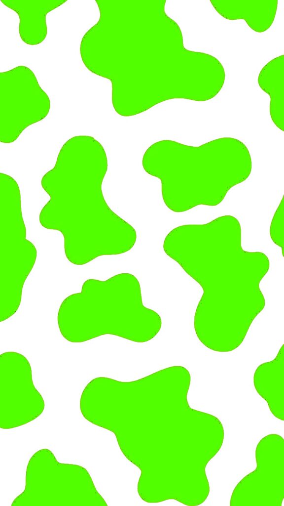 Bold neon green cow print wallpaper on white background modern vibrant animal pattern design