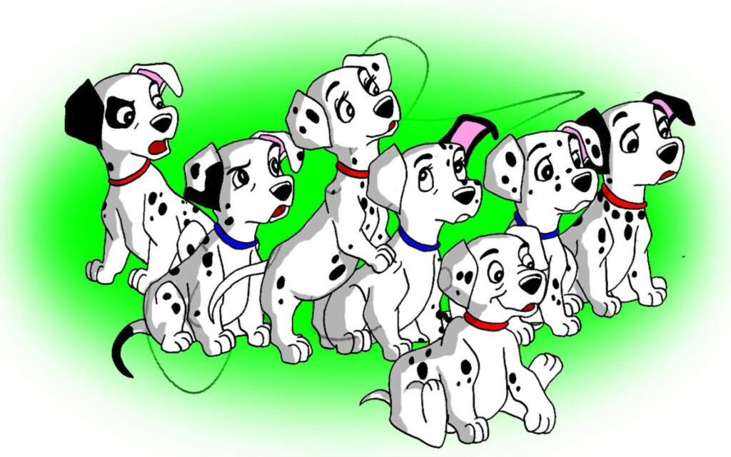 Whimsical Neon: Captivating Dalmatian Puppies Unite in Digital Art Wallpaper