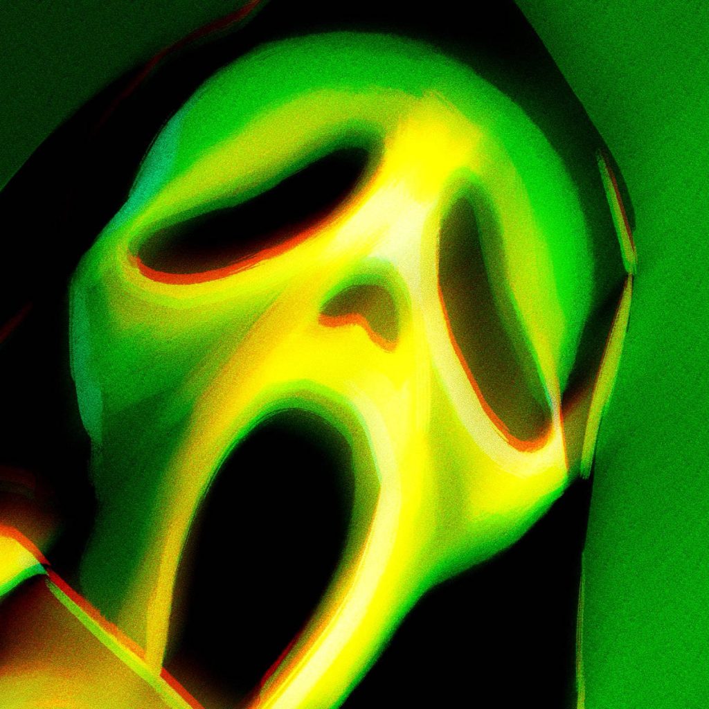 Stylized Ghostface wallpaper neon green yellow glitch effect Scream horror mask background