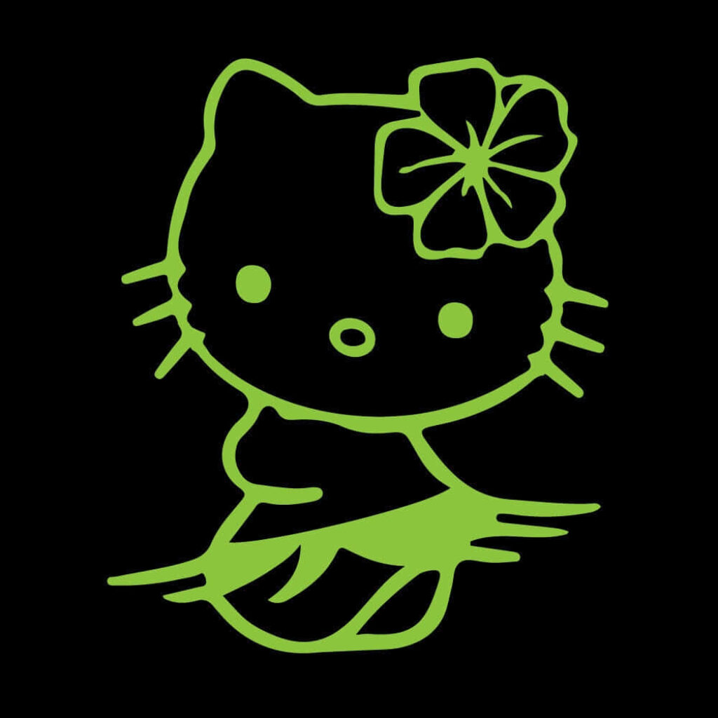 Hello Kitty Neon Green Wallpaper with Tropical Flower on Black Background