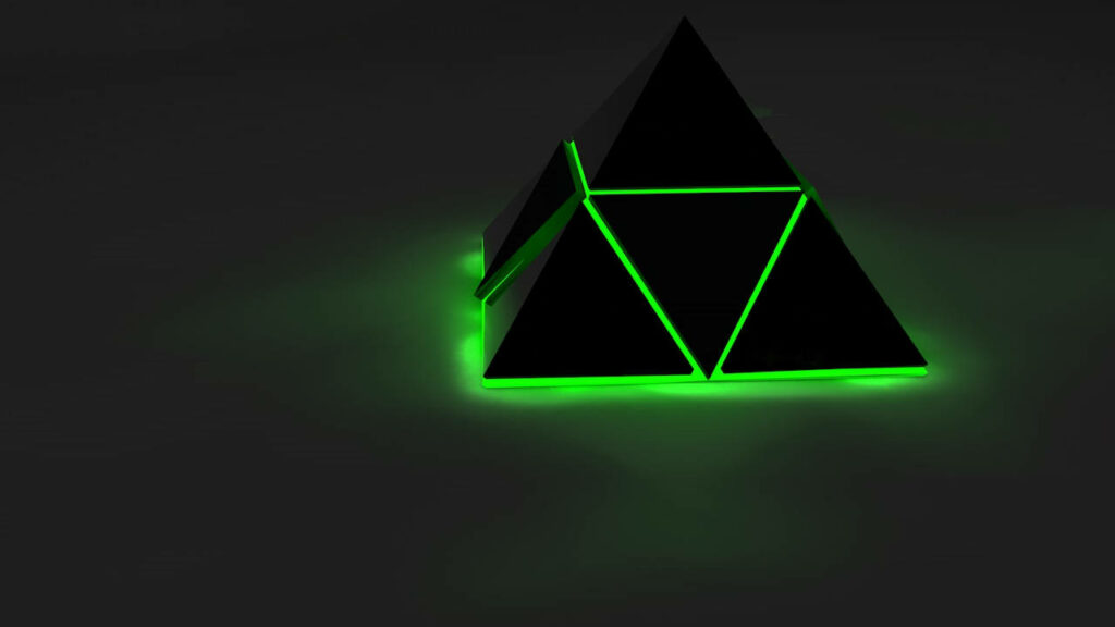 Emerald Illuminations: Mesmerizing 3D Render of a Neon-Green-Lined Black Pyramid Wallpaper