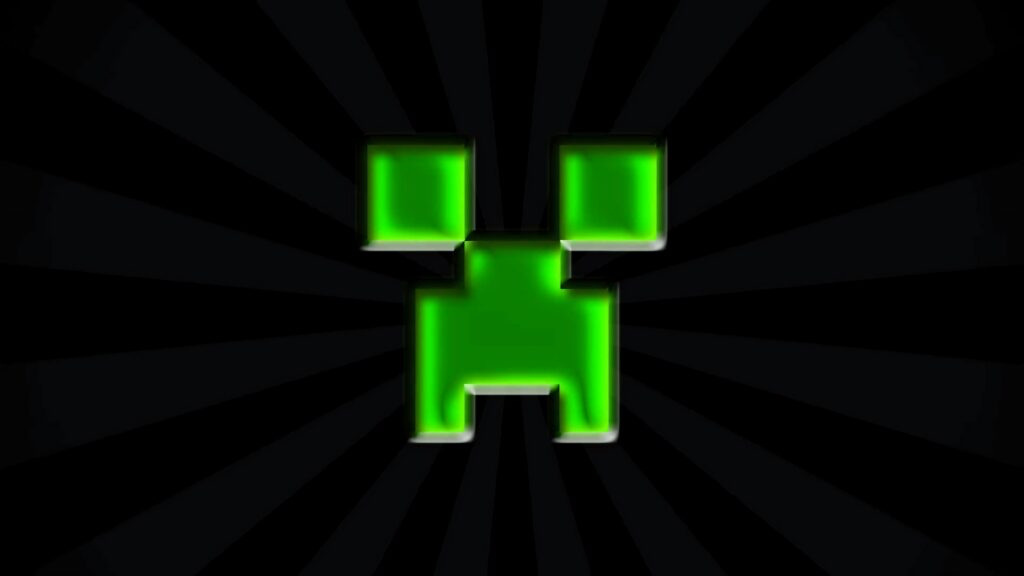 Glowing green Minecraft Creeper face on dark radial background neon wallpaper for fans
