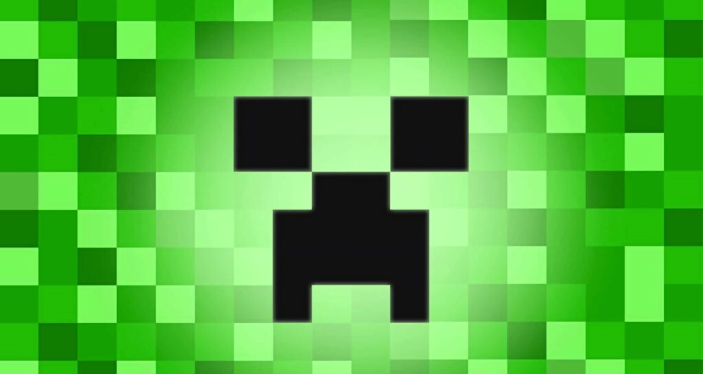 Minecraft Creeper face wallpaper with neon green glowing pixelated background in blocky style