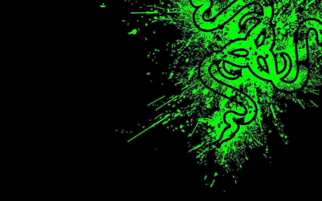 Razer three-headed snake logo neon green paint splatter wallpaper on black background gaming art