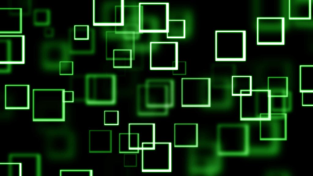 Abstract digital wallpaper with glowing neon green squares on black background tech design