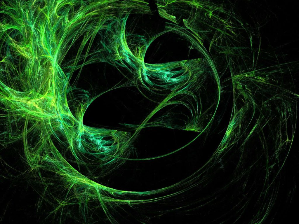 Abstract neon green fractal swirls on black background glowing digital art wallpaper design