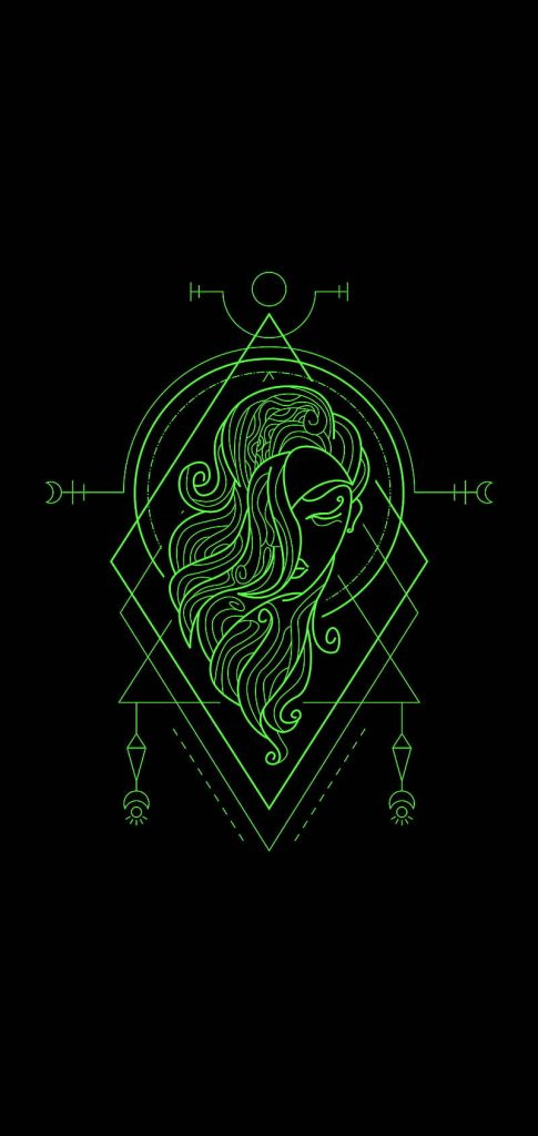 Neon green Virgo zodiac wallpaper with minimalist geometric maiden profile in dark mode background