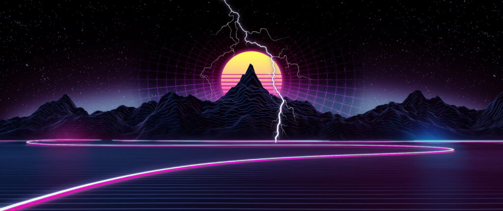 Retrowave landscape with neon lightning bolt glowing wireframe mountains and starry night sky Wallpaper