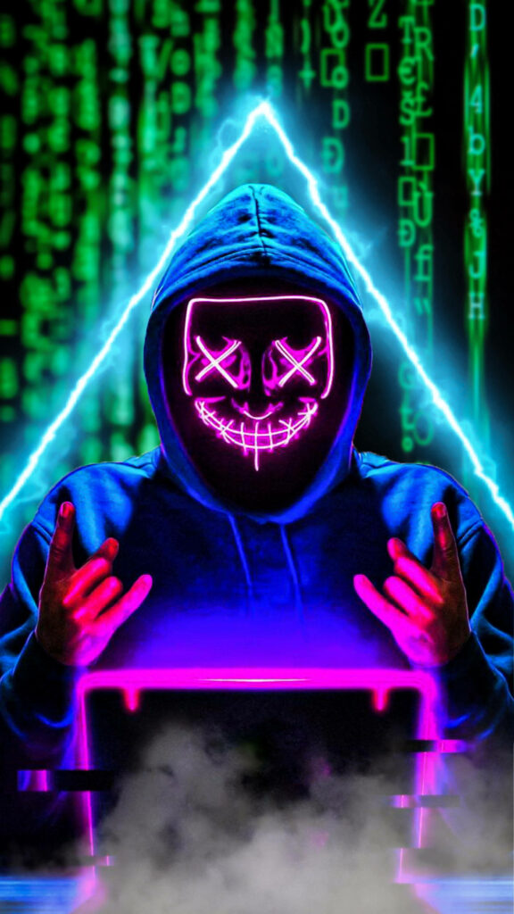 Vibrant Cyberpunk Wallpaper: Neon Hacker with Sinister Smiley Mask