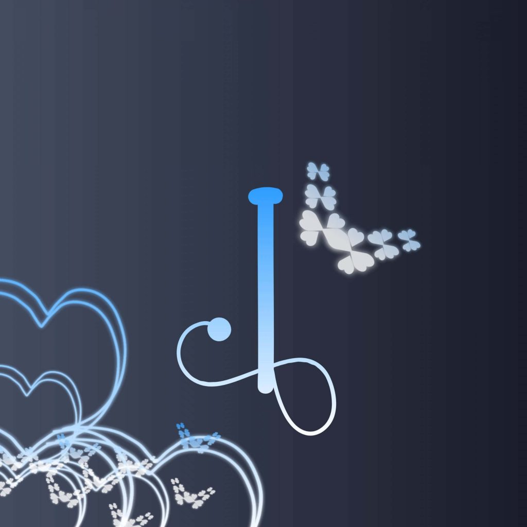 Glowing letter I wallpaper with neon heart outlines and butterfly clover petals on dark blue background