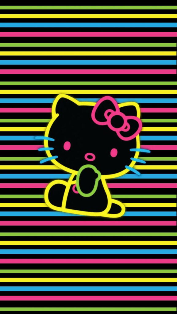 Vibrant Neon Hello Kitty Wallpaper on Colorful Stripes
