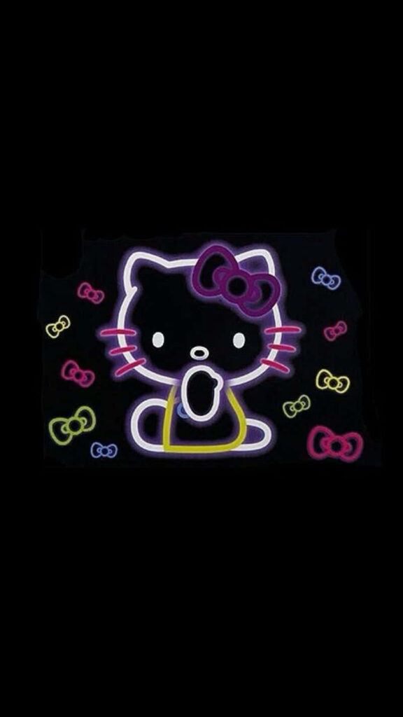 Neon Hello Kitty Wallpaper on Black Background with Colorful Bows
