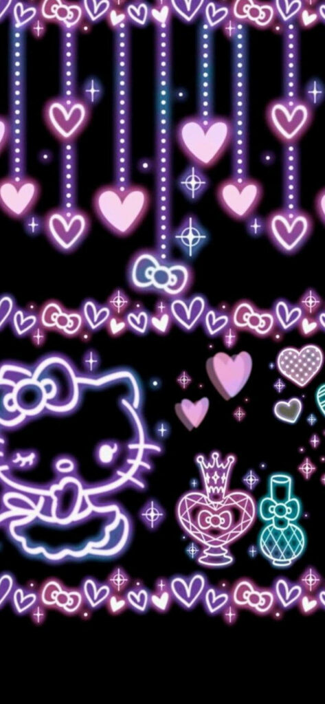 Neon Hello Kitty Wallpaper: Playful Black Background with Hearts & Stars