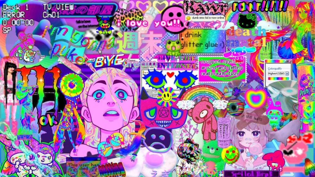 Neon Kidcore PC wallpaper with Y2K Hello Kitty Kuromi Gloomy Bear retro error screens rainbow