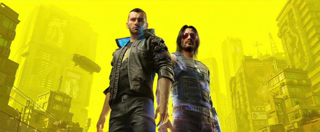 Immersive Cyberpunk Experience: Male Protagonists Sporting Leather Attire and Shades Against Vibrant Yellow Backdrop - Mind-Blowing Ultrawide Cyberpunk Wallpaper