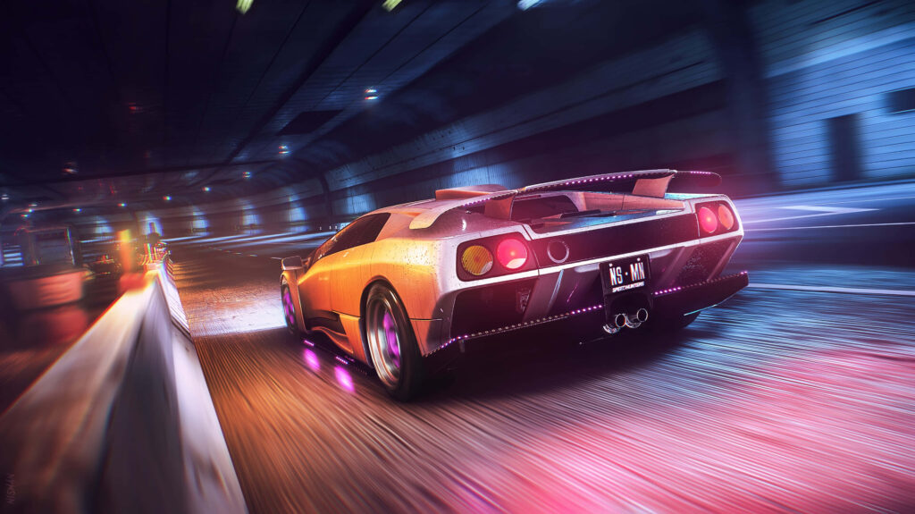 Neon Lamborghini speeding through futuristic tunnel with vibrant pink and blue lights wallpaper