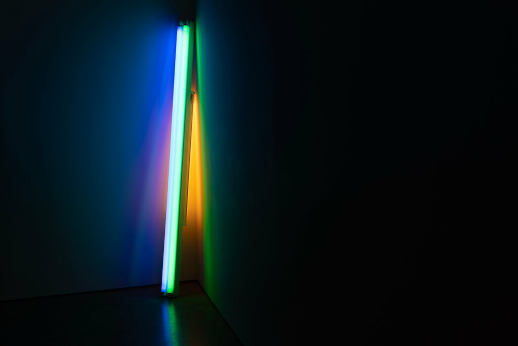 Minimalist fluorescent light installation in blue green amber hues with moody dark gradients wallpaper