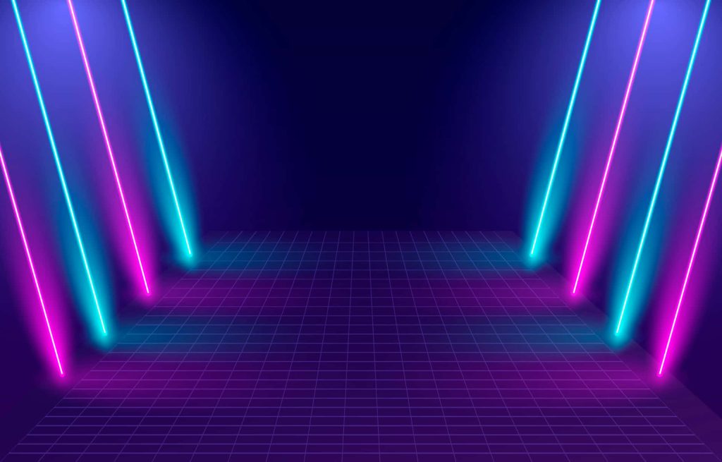 Neon lights corridor wallpaper with cyan magenta beams and glowing synthwave grid floor background
