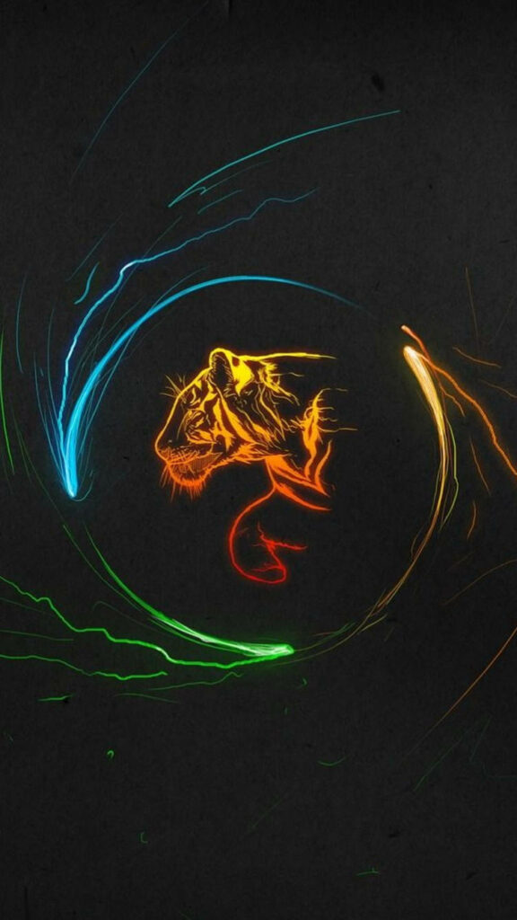 Stylized tiger profile with neon blue green yellow light trails on dark vibrant digital art wallpaper