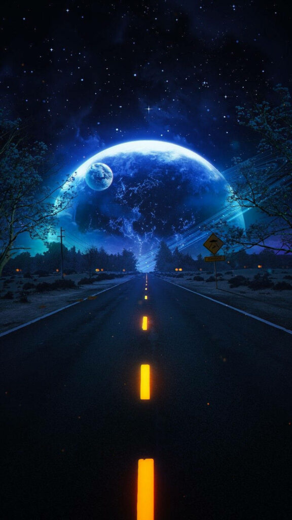 Neon Road to Glowing Moon: Surreal Cosmic Wallpaper Background
