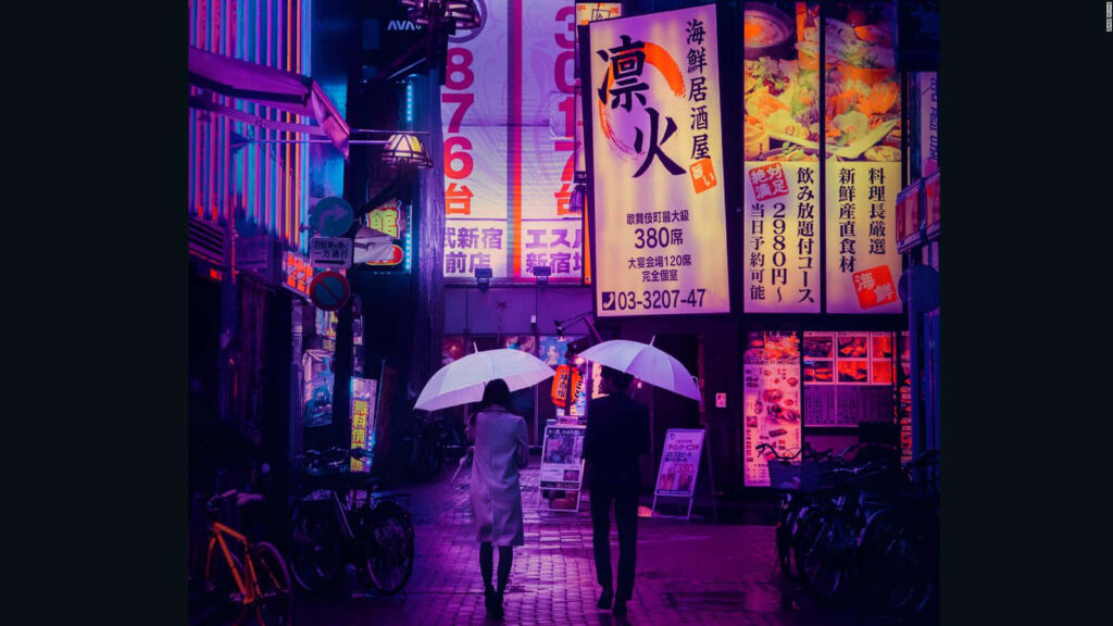 Neon-Lit Tokyo Alley: Romantic Umbrella Walk Wallpaper Background