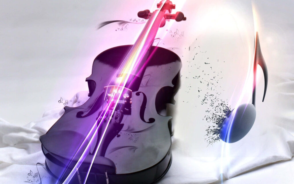Melodic Glow: A Stunning Wallpaper of a Wooden Chordophone Violin Instrument and Musical Notes in Neon Lights