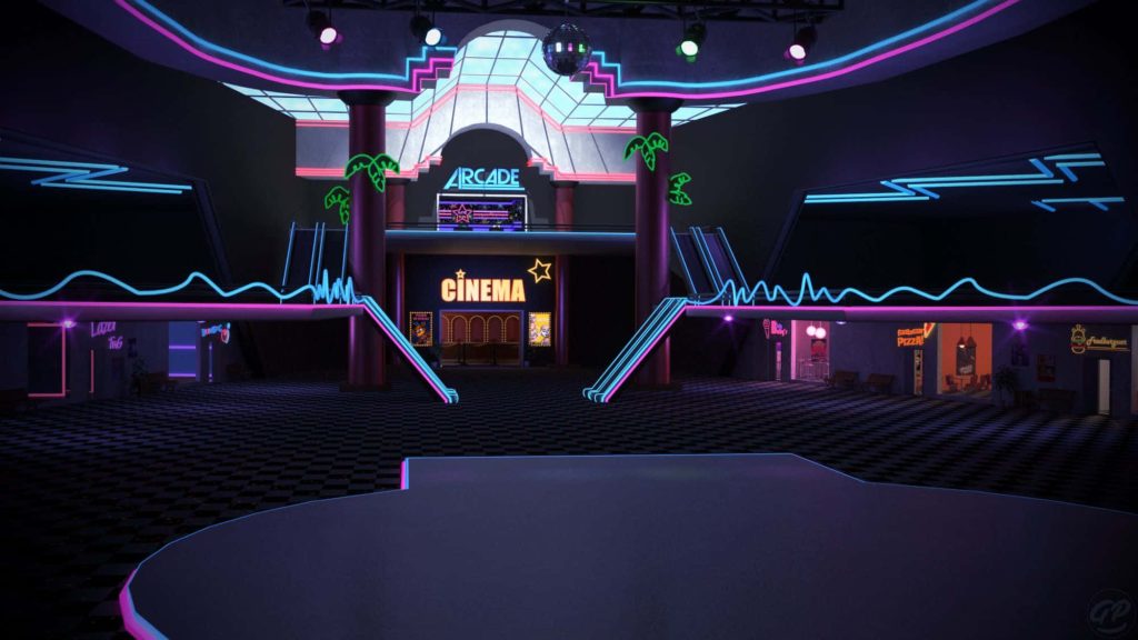Empty Mega Pizzaplex atrium with checkered floor neon Cinema Arcade signs Five Nights at Freddy's Wallpaper