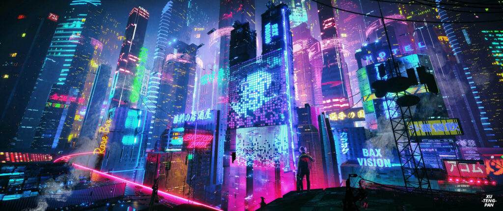 Futuristic Metropolis Aglow: Captivating 3440x1440 Cityscape Wallpaper Enlightened with Neon Skyscrapers