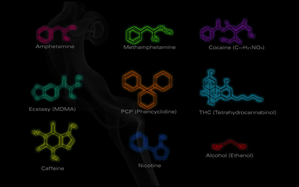 Neon molecular structures of amphetamine methamphetamine cocaine and more on black smoky background Wallpaper