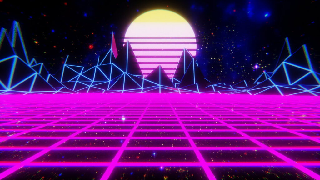 80s Neon Dreams: A Musical Journey Through Sunlit Mountains and Galactic Space Wallpaper
