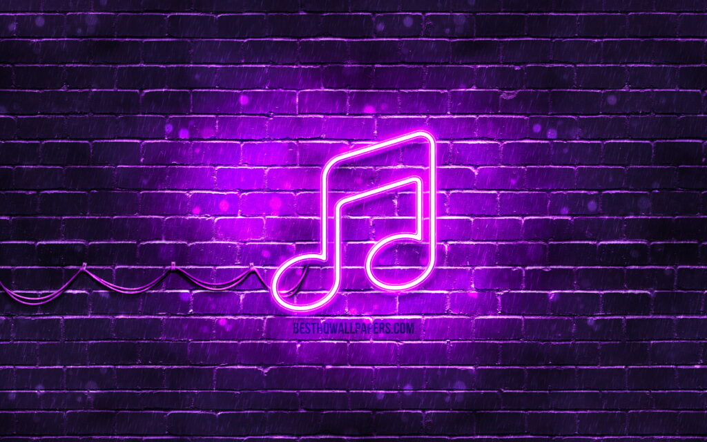 Vibrant 4K wallpaper glowing neon violet musical note on rain-streaked dark brick wall