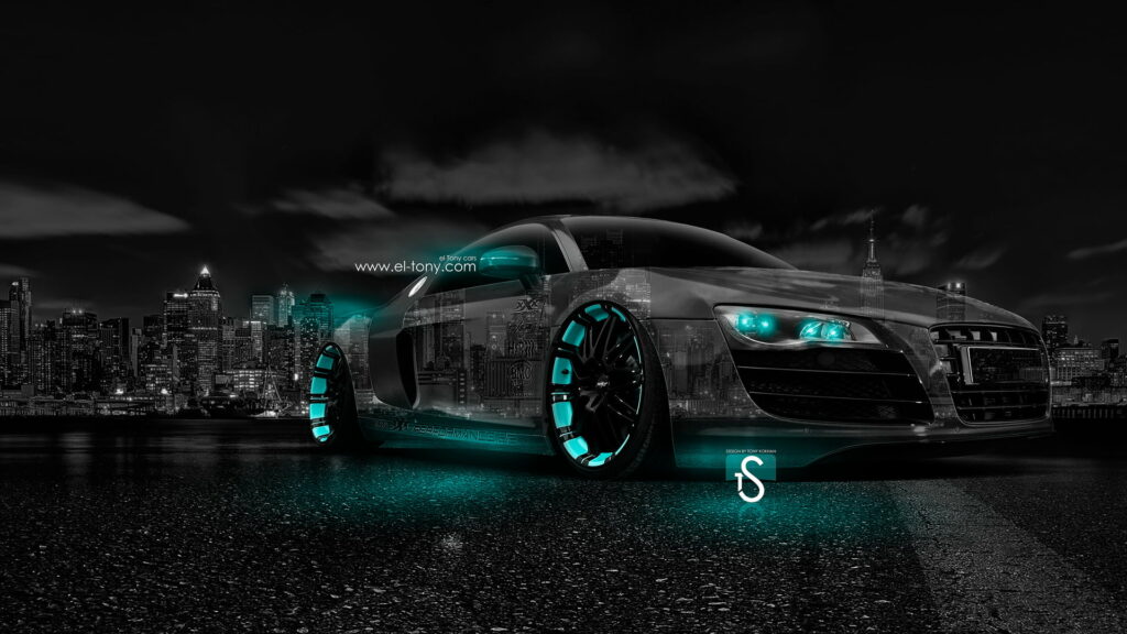 Nighttime Elegance: The Audi Black Car Illuminated by Neon Lights in HD Wallpaper