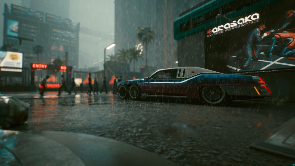 Nighttime Neon Street: Rainy Cyberpunk Cityscape with Parked Car and Pedestrians Wallpaper