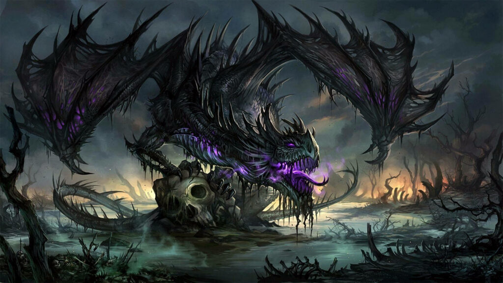 Neon Nightmare: A Spiky, Frayed Black Dragon Emits Eerie Purple Glow While Perched on a Skull in Otherworldly Swamp Wallpaper