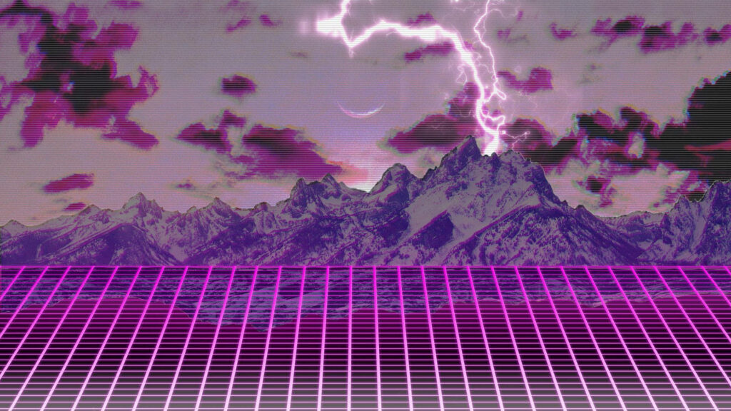 Electric Heights: A Synthwave Spectacle of Neon Mountains, Stormy Skies, and Retro 80's Grids Wallpaper