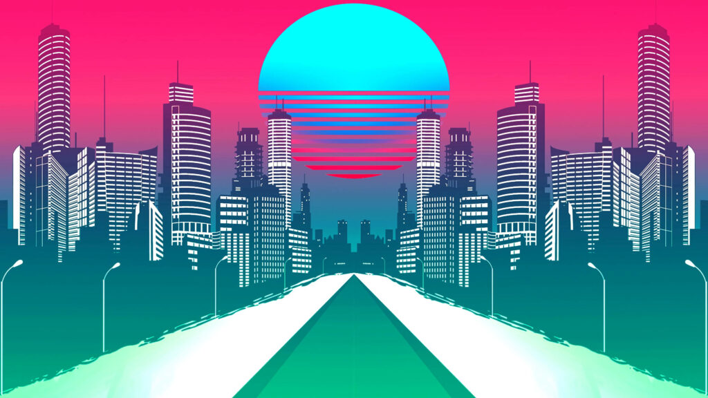 Synthwave Cityscape Embracing Futuristic Skyscrapers, Drenched in Neon Brilliance under a Pink Hued Twilight Sky Wallpaper