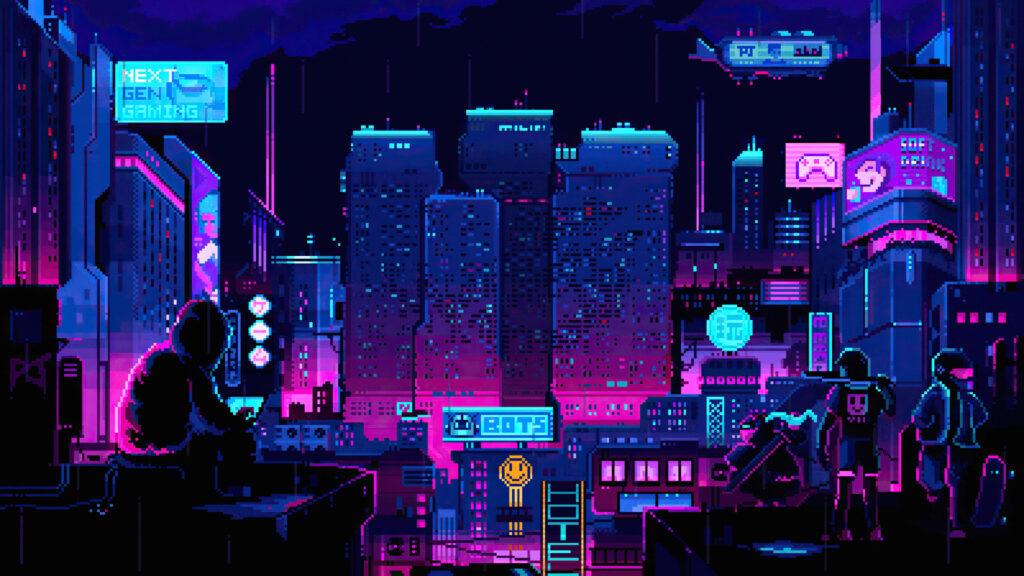 Neon Nights: Vibrant Pixelated Cityscape Wallpaper