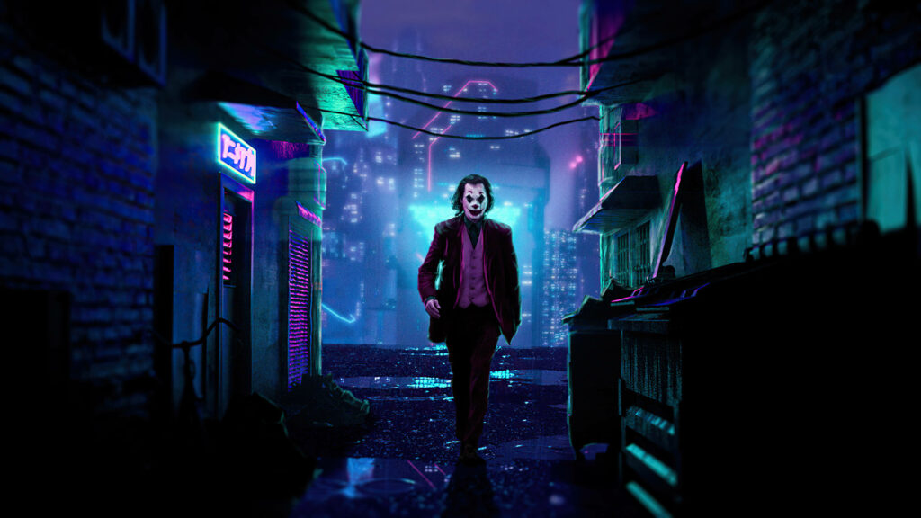 Neon Noir: The Black Ultra HD Joker Seeks Solitude in a Dark Alley Lit by Purple Glowing Lights Wallpaper
