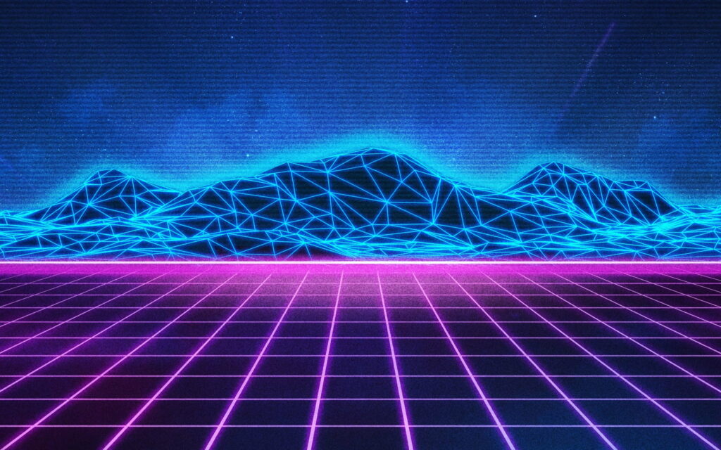 Retro futuristic synthwave wallpaper with glowing blue wireframe mountains neon purple grid floor