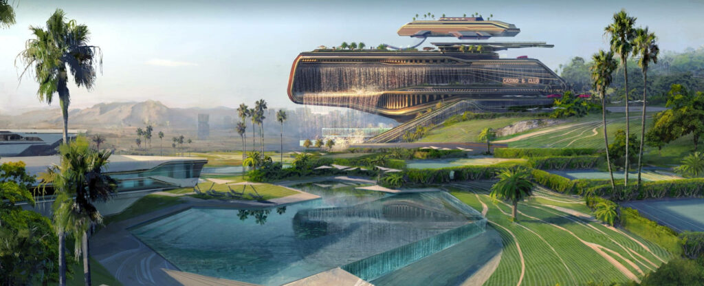 Futuristic Cyberpunk House with Pool: Immersive Ultrawide Background Wallpaper