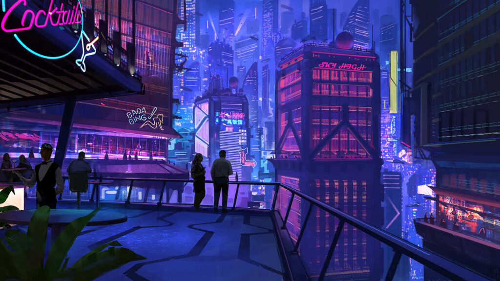 Glimpse into the Futuristic Neon Enclave of a Cyberpunk Metropolis: Unveiling the Tales of High-tech Marvels and the Underworld Below Wallpaper