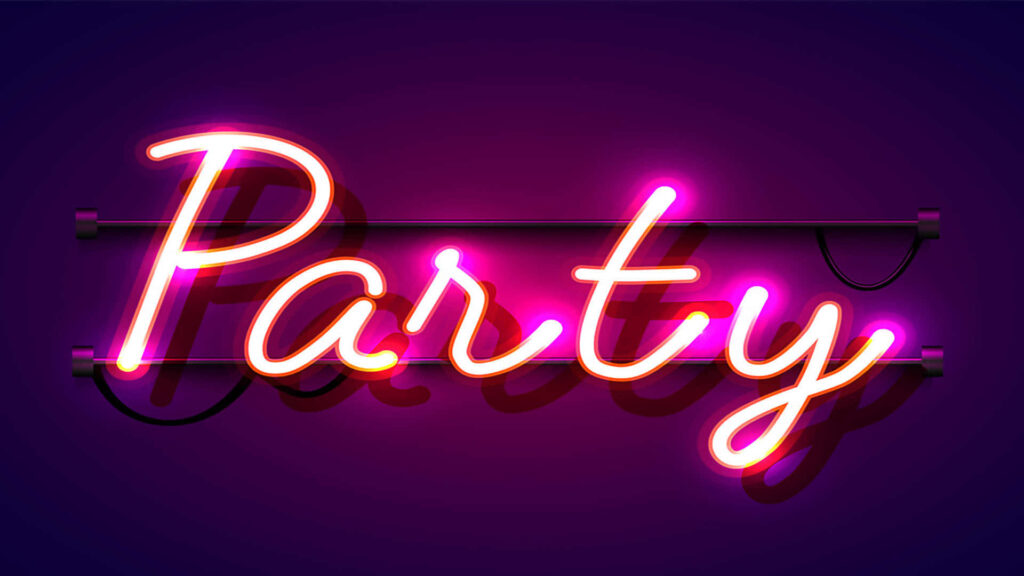 Glowing pink neon Party text on deep purple background vibrant modern nightlife wallpaper design