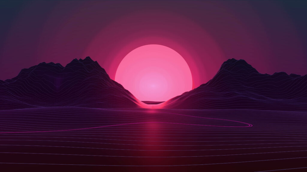 Neon Pink Moon Wallpaper: Serene Futuristic Mountain Landscape