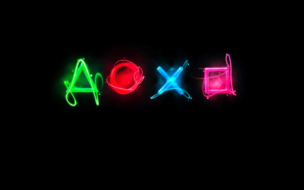 Neon PlayStation controller symbols triangle circle cross square glowing on black wallpaper background