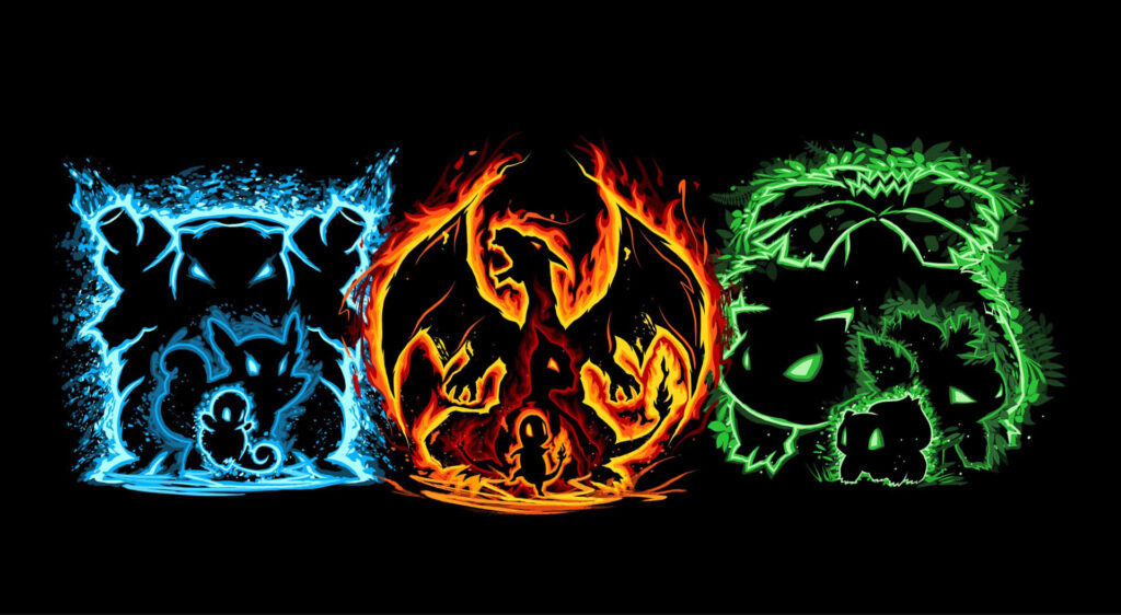 Neon outlines of Blastoise Squirtle Charizard Charmander Venusaur Bulbasaur on black wallpaper
